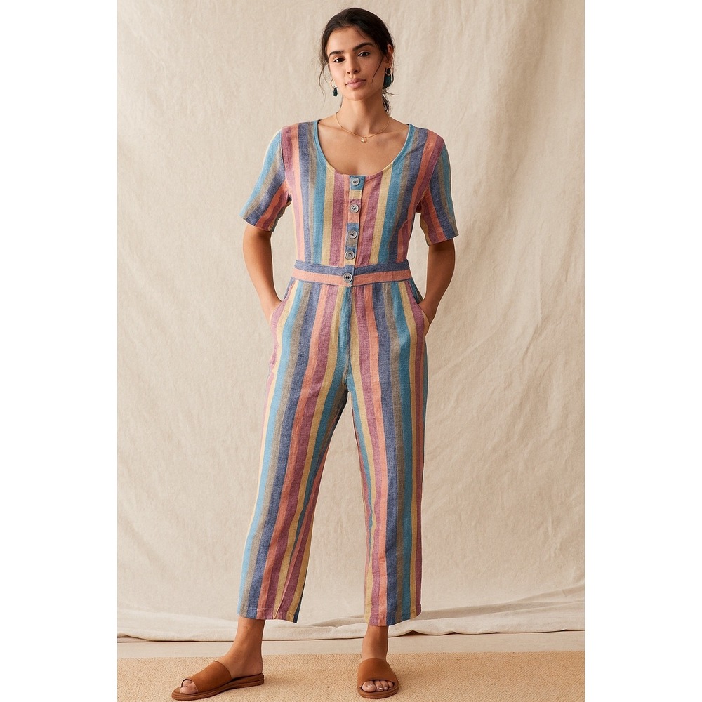 Striped Linen-Blend Short Sleeve Jumpsuit - Multicolor